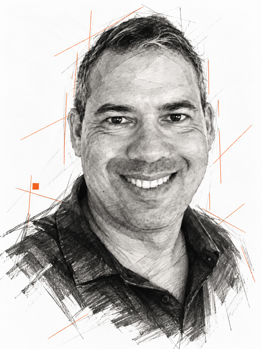 Pencil portrait of Saulo Oliveira with fine orange lines and a small orange square